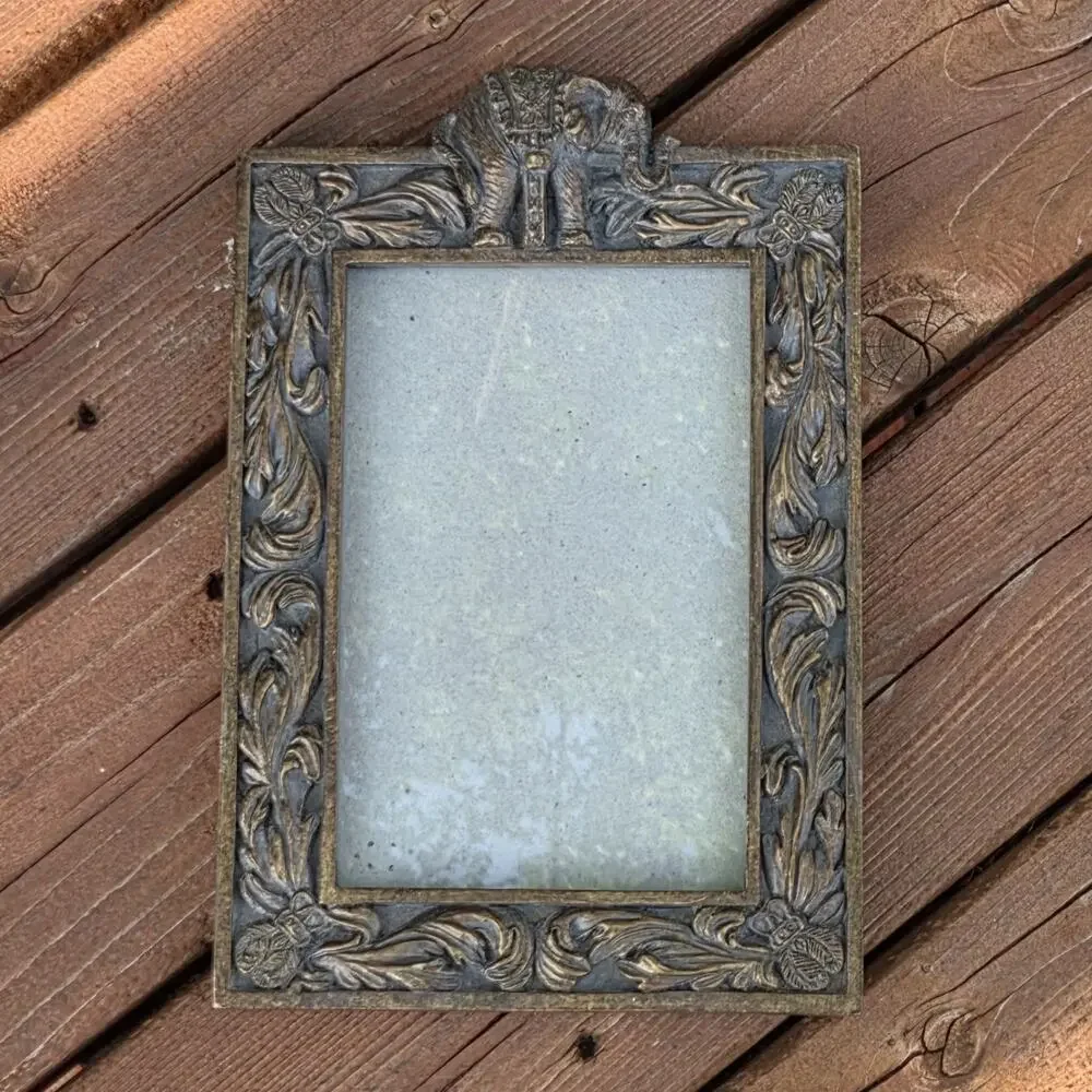 Ornate Elephant Picture Frame Bronze Gold Floral Indian Boho Tabletop Decor